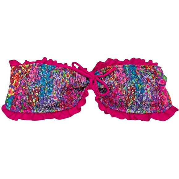 Victorias Secret Shirred‎ Bandeau Floral Ruffle Bikini Top L Hot Pink Tie Front - Picture 1 of 7